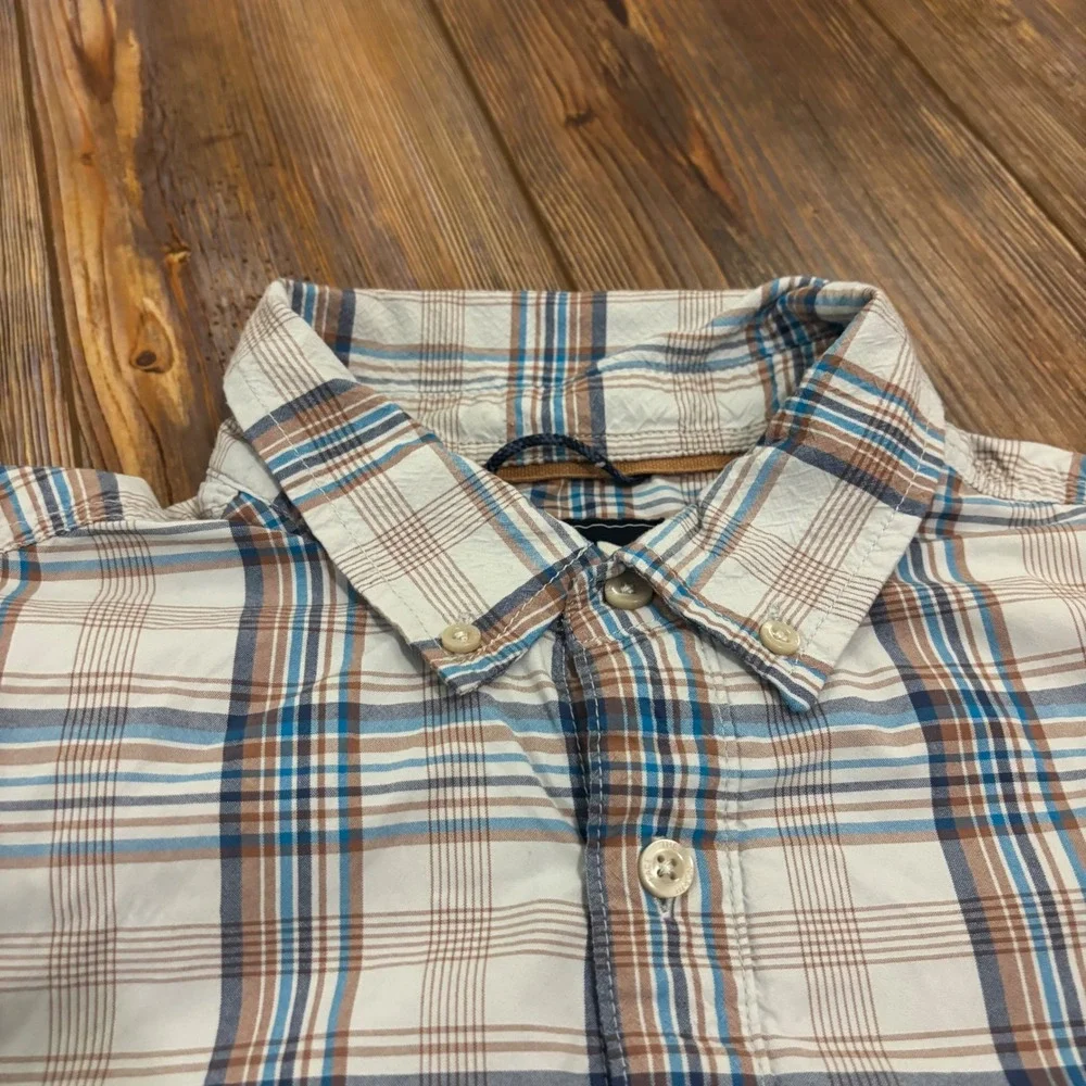 The North Face Mens Plaid Short Sleeve Button Down Shirt Blue Brown NF0A3BDU L